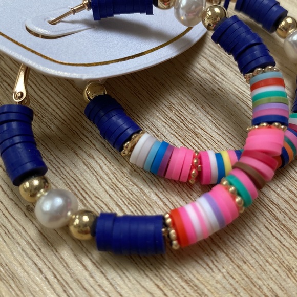 🎉HP🎉 Superstar Accessories Disc & Pearl Hoop Earrings 💗 Blue Gold Multi - Picture 6 of 8